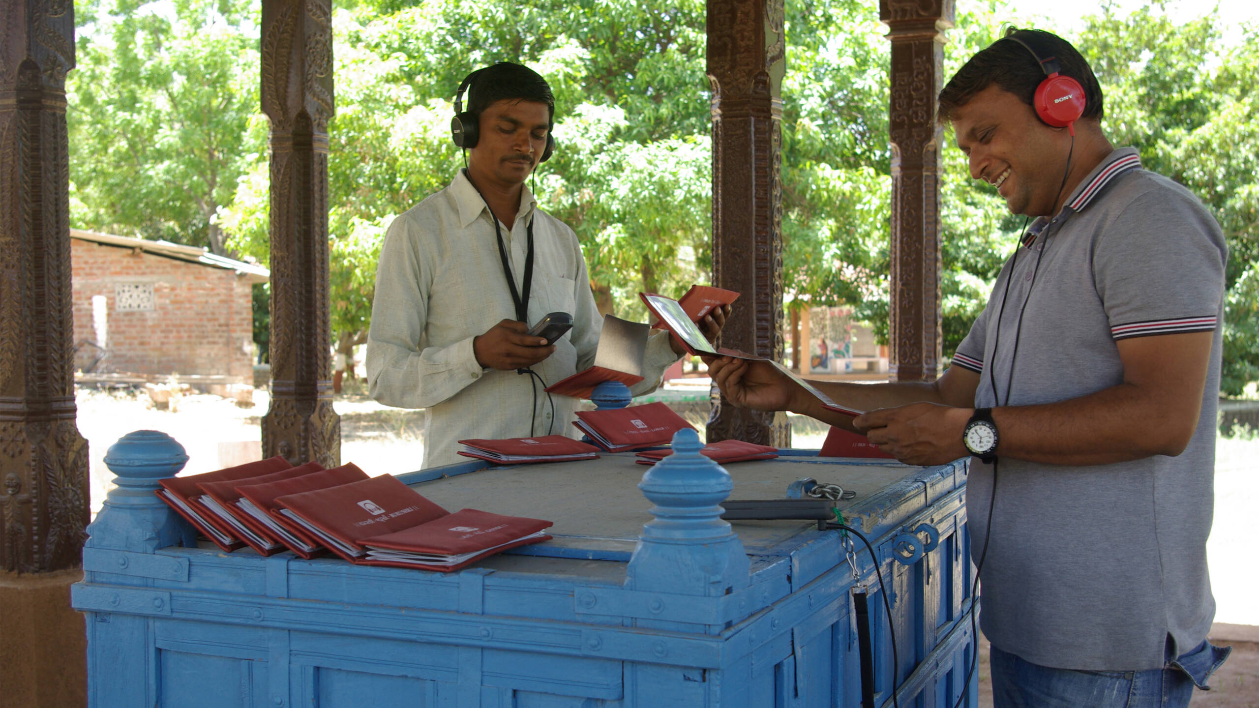 Two visitors enjoying the Audio Tour at Bhasha Van